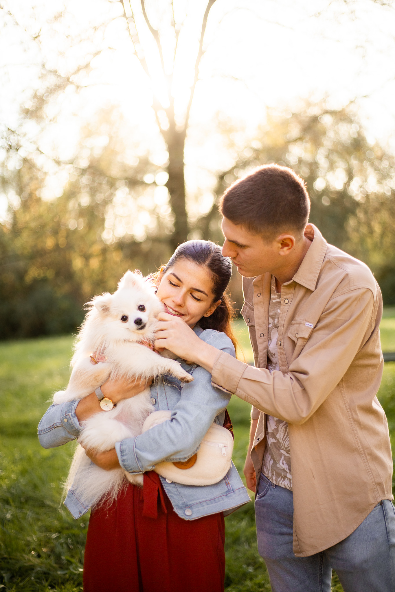 Chien blanc dans les bras de sa famille
